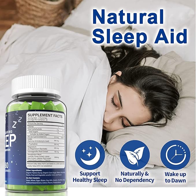 NEVISS Melatonin Free Sleep Aid Gummies for Adults - Magnesium Glycinate Gummies | GABA, L-Tryptophan, Magnesium, Ashwagandha - Non-Habit Forming, Help for Deep Relaxation - Vegan, Lemon Flavor, 1Pack