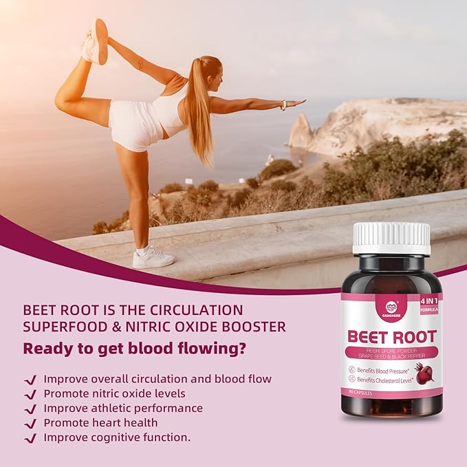 Beet Root Capsules 24000mg with Grape Seed Extract, Beetroot Supplement 4 in 1 with Reishi Mushroom, Black Pepper to Support Circulation, 90 Rapid Release Capsules