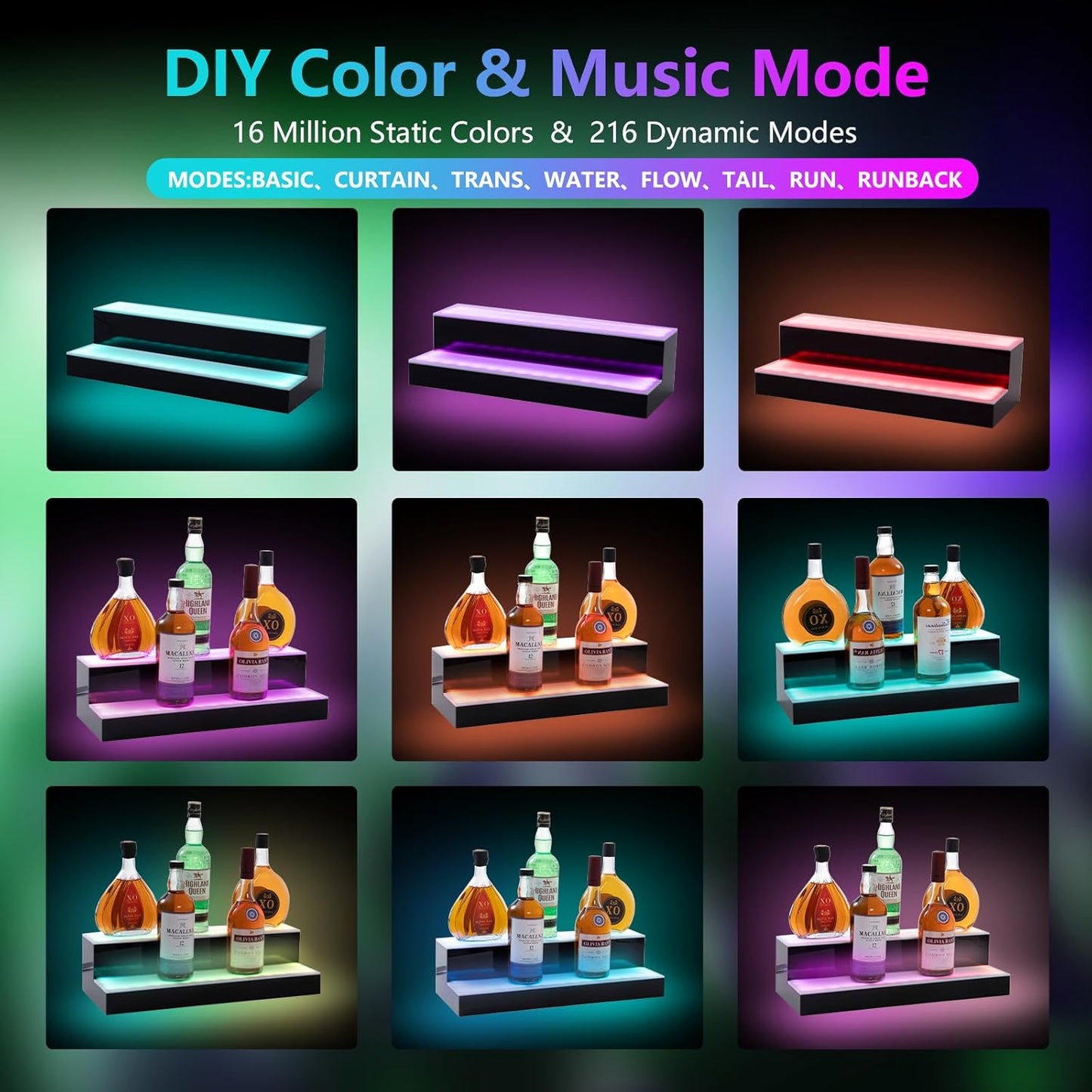 Led Lighted Liquor Bottle Display Shelf, 24 Inch 2 Tier Whiskey Rack, Support USB, Bar Stand with RF Remote & App Control, Illuminated Acrylic Lighting Shelves for Home Bar, Party