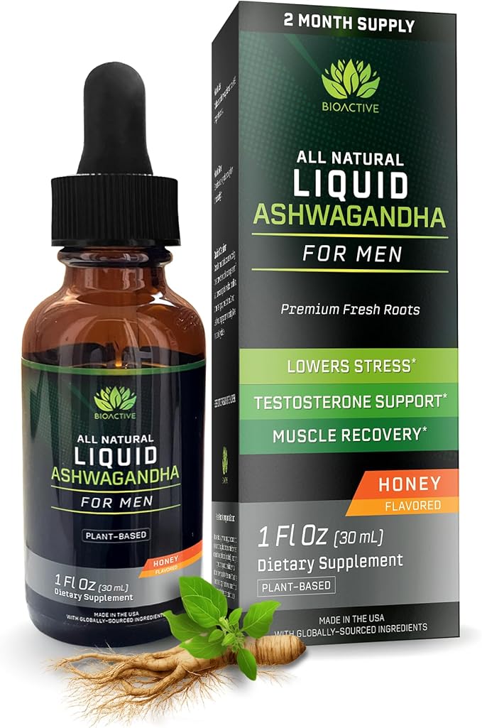 BIOACTIVE Liquid Ashwagandha Drops - Testosterone Health Supplement* - Adaptogen for Stress Support, Men’s Wellness - Organic, Vegetarian, Gluten Free, Non-GMO, 59 Servings (1 Oz, Honey)