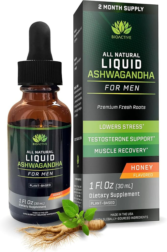 BIOACTIVE Liquid Ashwagandha Drops - Testosterone Health Supplement* - Adaptogen for Stress Support, Men’s Wellness - Organic, Vegetarian, Gluten Free, Non-GMO, 59 Servings (1 Oz, Honey)