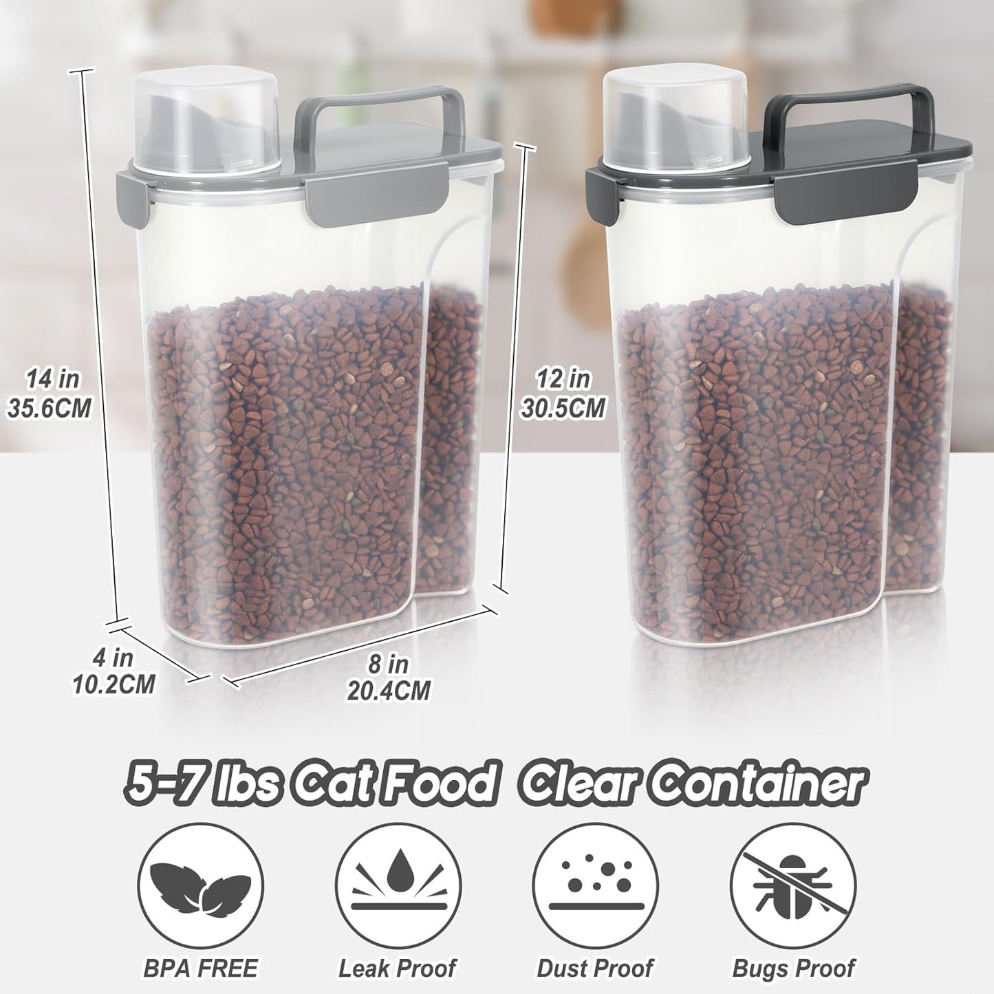 Cat Dog Food Storage Container, Upgraded Large Nozzle,5LBS Plastic Pet Food Storage Container, With 4 Sealed Clasps, 1 Measuring Cup and Handle, Easy to Clean and Carry -2 Pcs Light Gray + Dark Gray