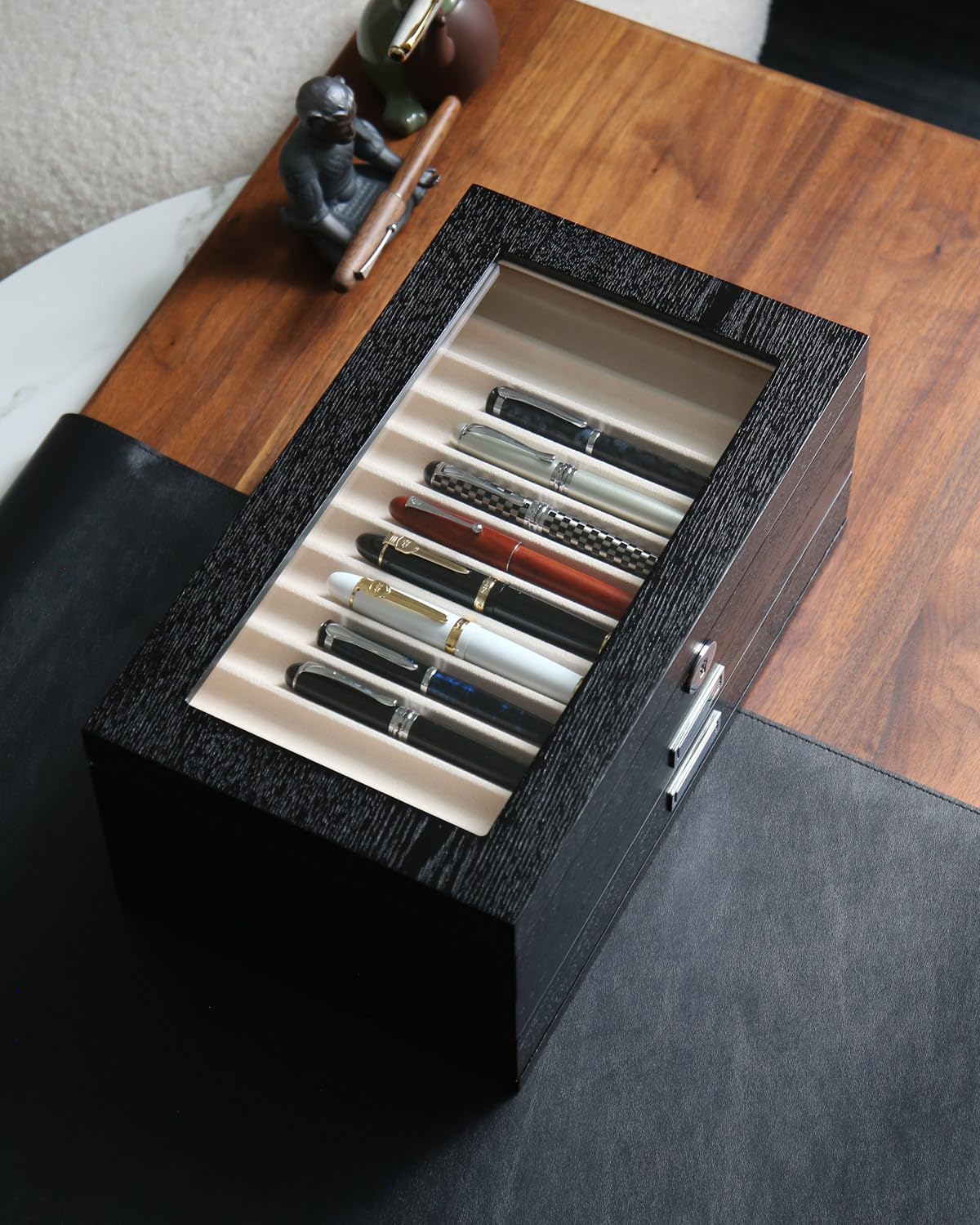 wood pen display case 36 slot Fountain pen Box storage Organizer with drawer, Top Glass Window Pen Collection Display Case