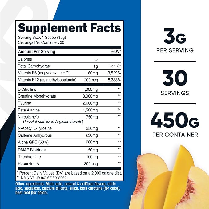 Nutricost Pre-C Pre-Workout Complex with Creatine (Peach Mango | 30 Servings) Powder - Boost Fintess Routines, 450g