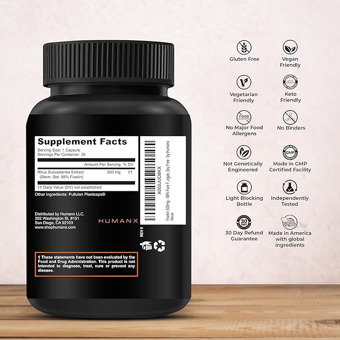 HUMANX Fisetin 500mg - 98% Pure Fisetin Supplement - Powerful Serving Size (Similar to Apigenin, Luteolin, Quercetin) Senolytic Activator - Natural Polypheonols - USA Made, Non-GMO Fisetin Capsules