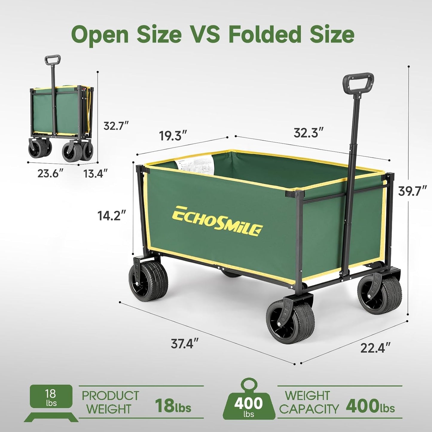 EchoSmile Collapsible Wagon Cart for Camping & Beach - Heavy Duty 400lbs Capacity All-Terrain Cart with Wide Wheels, Portable Folding Utility Wagon for Grocery, Garden, Sports,Green&Yellow