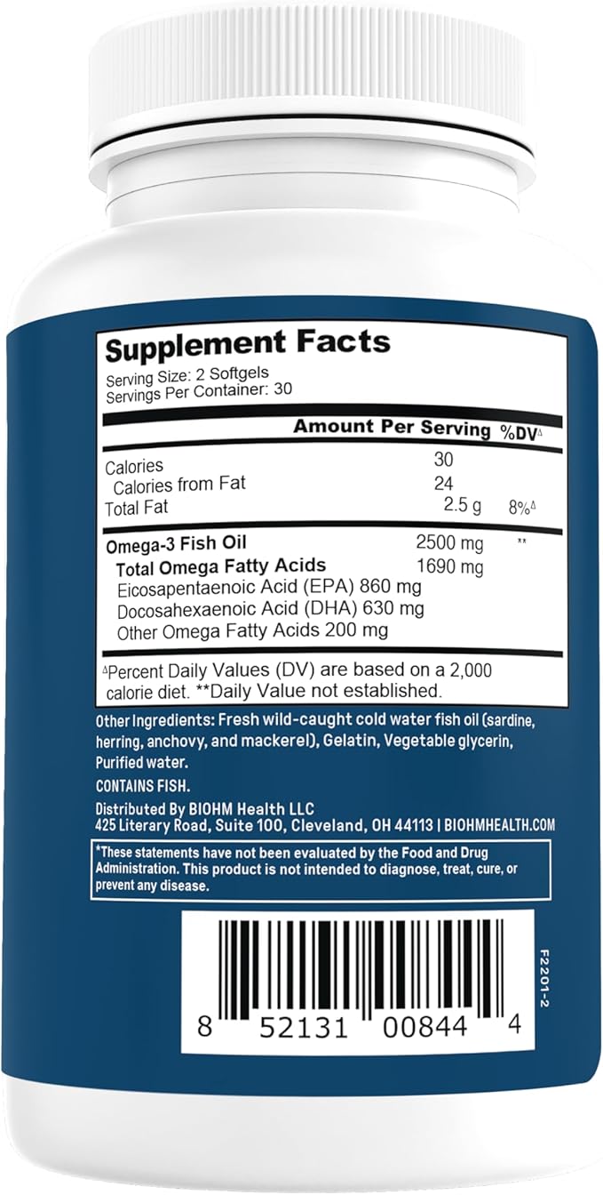 BIOHM Omega-3 Fish Oil (2500mg, 60 Softgels) High Potency 860mg EPA & 630mg DHA, Omega 3 Fatty Acid Supplements to Support Brain, Joint, Eye, Liver & Gut Health, Sustainably Sourced