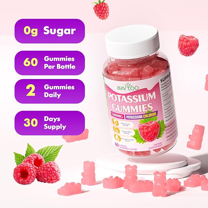 Sugar Free Potassium Gummies for Adults with 1200mg Potassium Chloride - Supports Muscle Health & Leg Cramps, Raspberry Flavor, 60 Gummies