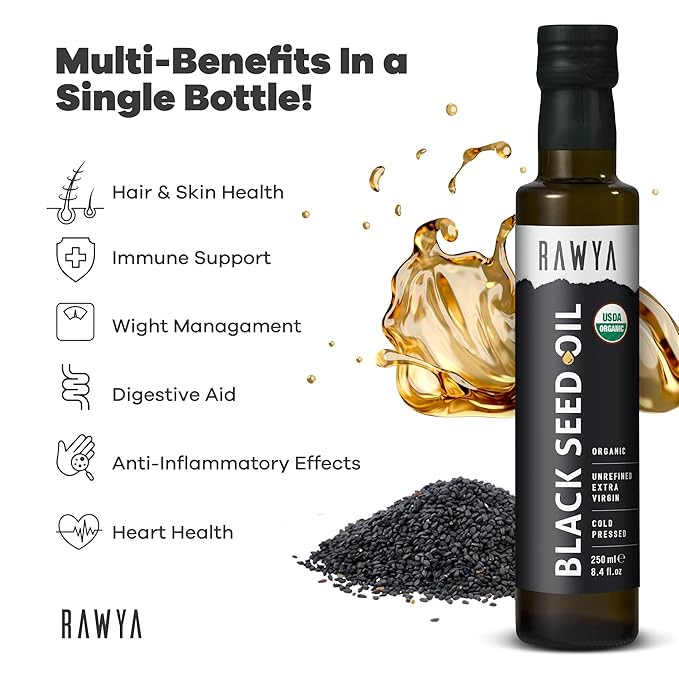 RAWYA Black Seed Oil - USDA Organic Certified - Cold Pressed - 8.4 Fl oz - Extra Virgin - Turkish Black Cumin Seed - Premium Nigella Sativa with Thymoquinone - Kalonji - Non-GMO, Gluten-Free - Nutritional Supplements - Extra Strong Taste