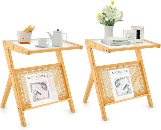 GOFLAME Rattan Side Table Set of 2, Z-Shaped End Table with Tempered Glass Top, Magazine Rack, Boho Night Stand, Small Coffee Table, Bamboo Accent Bedside Table for Living Room, Bedroom, Natural