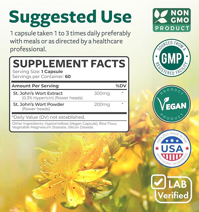 St John's Wort Capsules - Powerful & Potent Saint John's Wort Extract & Whole Herb Complex Standardized to 900mcg Hypericin for Balancing Daily Mood Support - Vegan Non-GMO & Lab Verified (60 Caps)