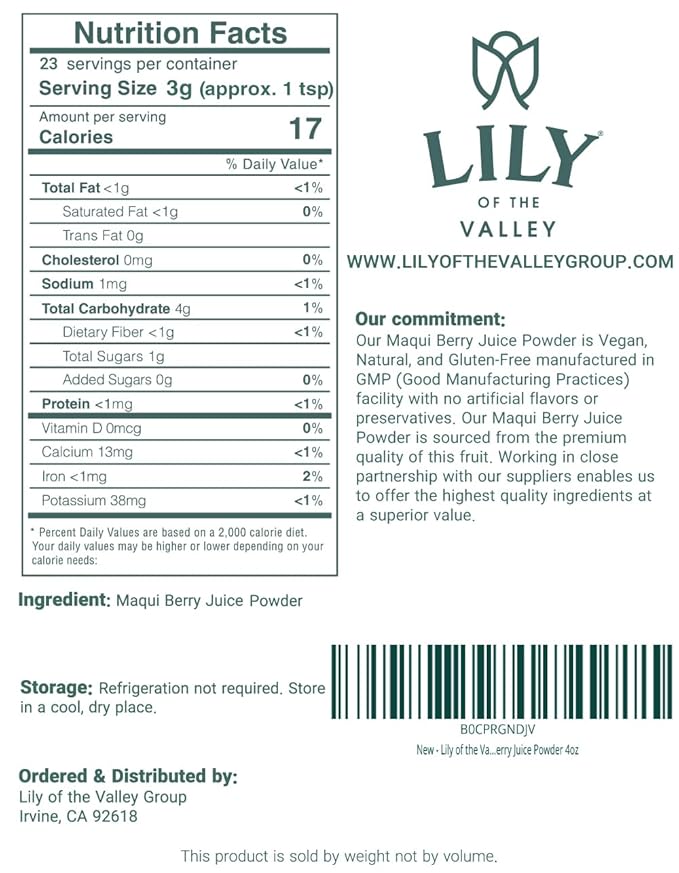 Lily of the Valley Maqui Berry Juice Powder - Antioxidant-Rich Superfood for Smoothies & Desserts - Rich in Iron & Fiber - No Added Sugar - Vegan & Gluten-Free - Packed in Resealable Pouch (8oz, 226g)