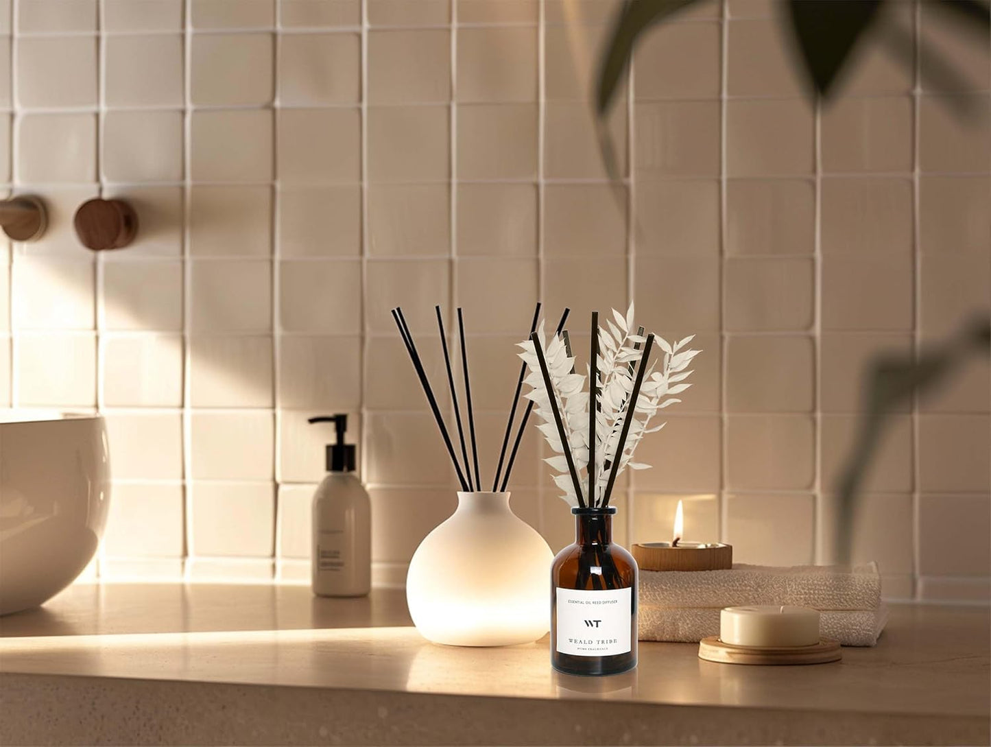 WEALD TRIBE Reed Diffuser Set for Bathroom Air Fresheners, Oil Diffuser Sticks | White Tea Scent 4.0 fl oz Home Fragrance with Sticks Defusers | House Bedroom Office Shelf Decor