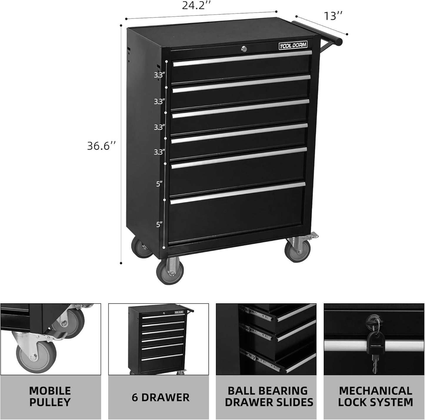 6-Drawer Rolling Tool Chest with Locking Wheels & Drawers, 13" D x 24.2" W x 36.6" H Mobile Tool Storage Cabinet, Heavy-Duty Garage Organizer with Ergonomic Handle