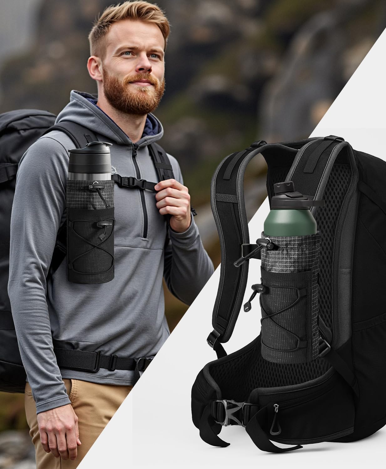 Large Water Bottle Holder Pouch Bag, Backpack Water Bottle Holder Mesh Bag Carrier Fits for 10-48oz Bottles, Heavy-Duty Water Bottles Holder Accessories for Hiking, Sports, Travel, Outdoor