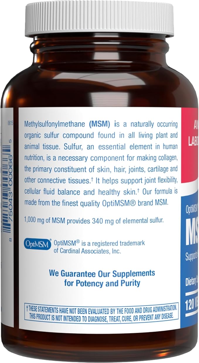 Methylsulfonylmethane MSM Supplement 1000mg - High Strength Soft Tissue & Joint Support Supplement with MSM from OptiMSM - Vegetarian Non-GMO & Made in the USA in cGMP Facilities - 60 Servings