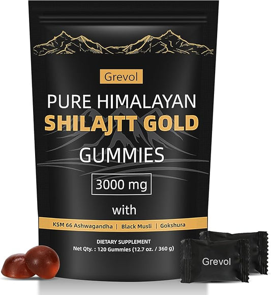 Pure Himalayan Shilajit Gummies with Ashwagandha Fulvic Acid & 85+ Trace Minerals - No Added Sugar - Individually Wrapped - 120 Gummy