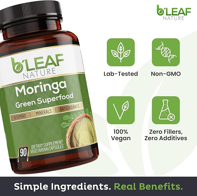 B'LEAF NATURE Organic Moringa Pure Capsules 1000mg, 90 Count – Moringa Capsules with Organic Olefeira Powder for Immune Support, Energy & Balance – Vegan, Non-GMO Supplements for Daily Wellness