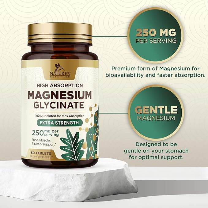 Magnesium (Glycinate) - Magnesium Supplement for Heart Health, Nerve, Muscle, Bone, and Sleep Support - 100% Chelated & High Absorption - 250 mg per Serving - Gluten Free, Vegan, Non-GMO - 60 Count