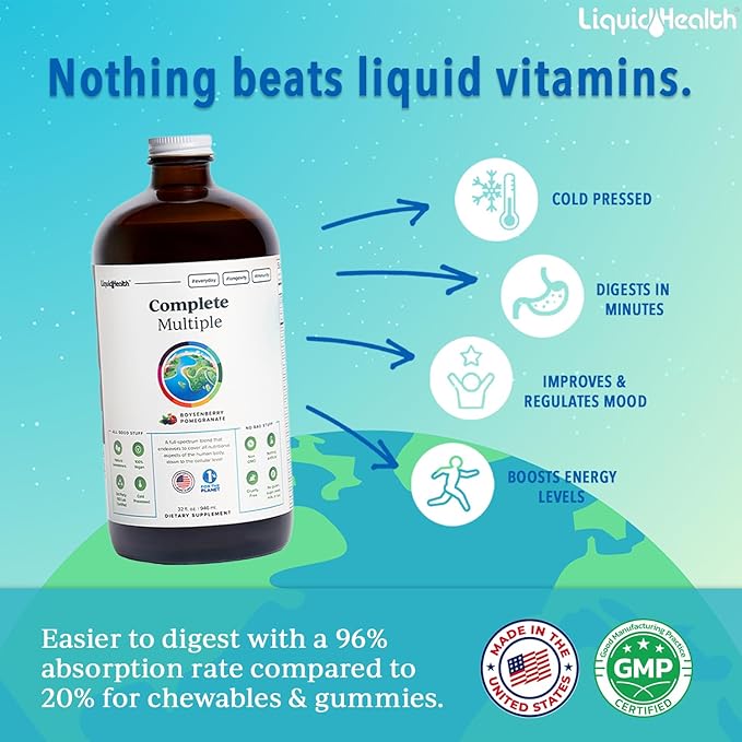 LIQUIDHEALTH Complete Multiple Adult Liquid Multivitamin - Essential Vitamins, Minerals & Nutrients, Immune Support, Gut Health, Energy, Detox - Made in USA, Vegan, Non-GMO, Sugar-Free (3 Pack)
