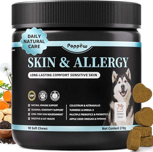 Dog Skin & Allergy Chews - Dog Probiotics for Sensitive Skin Health Support - Allergy Relief - Support Seasonal Allergies, Immune & Gut & Digestive Health Supplement - Chicken Flavor - 90 Count