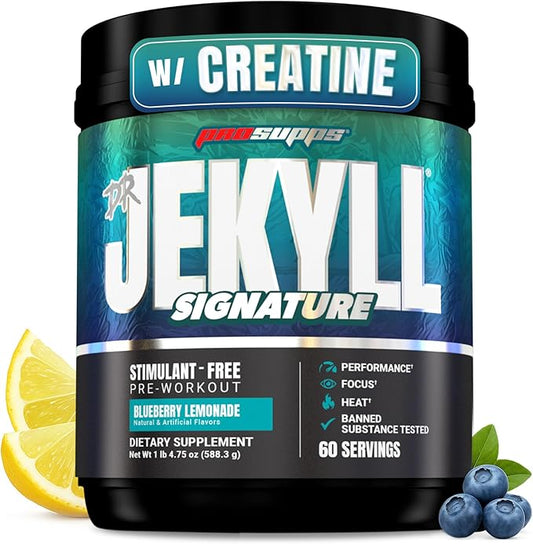 PROSUPPS Dr. Jekyll Signature Pre Workout Powder with Creatine - Stim-Free Preworkout Supports Focus & Endurance - Caffeine-Free Gym & Fitness Supplements (Blueberry Lemonade, 60 Servings)