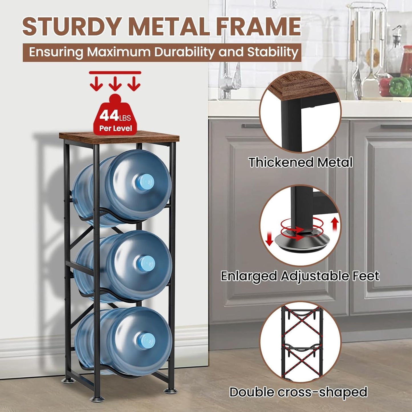 5 Gallon Water Jug Holder, 3-Tier Water Bottle Holder with Wood Top Shelf, Heavy Duty Water Cooler Jug Rack, Water Dispenser Storage Stand for Kitchen Office and Living Room