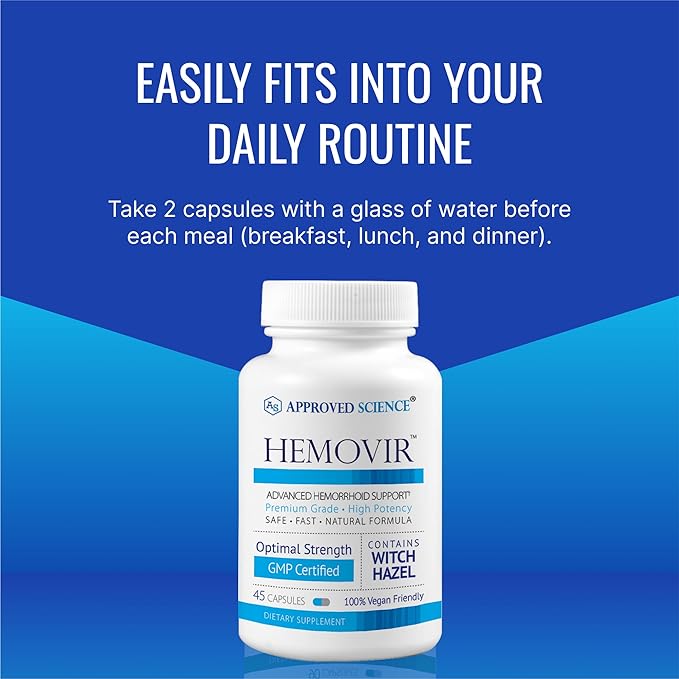 Approved Science Hemovir - Hemorrhoid Support Supplement - Witch Hazel, Horse Chestnut - 45 Capsules - 1 Bottle - Vegan