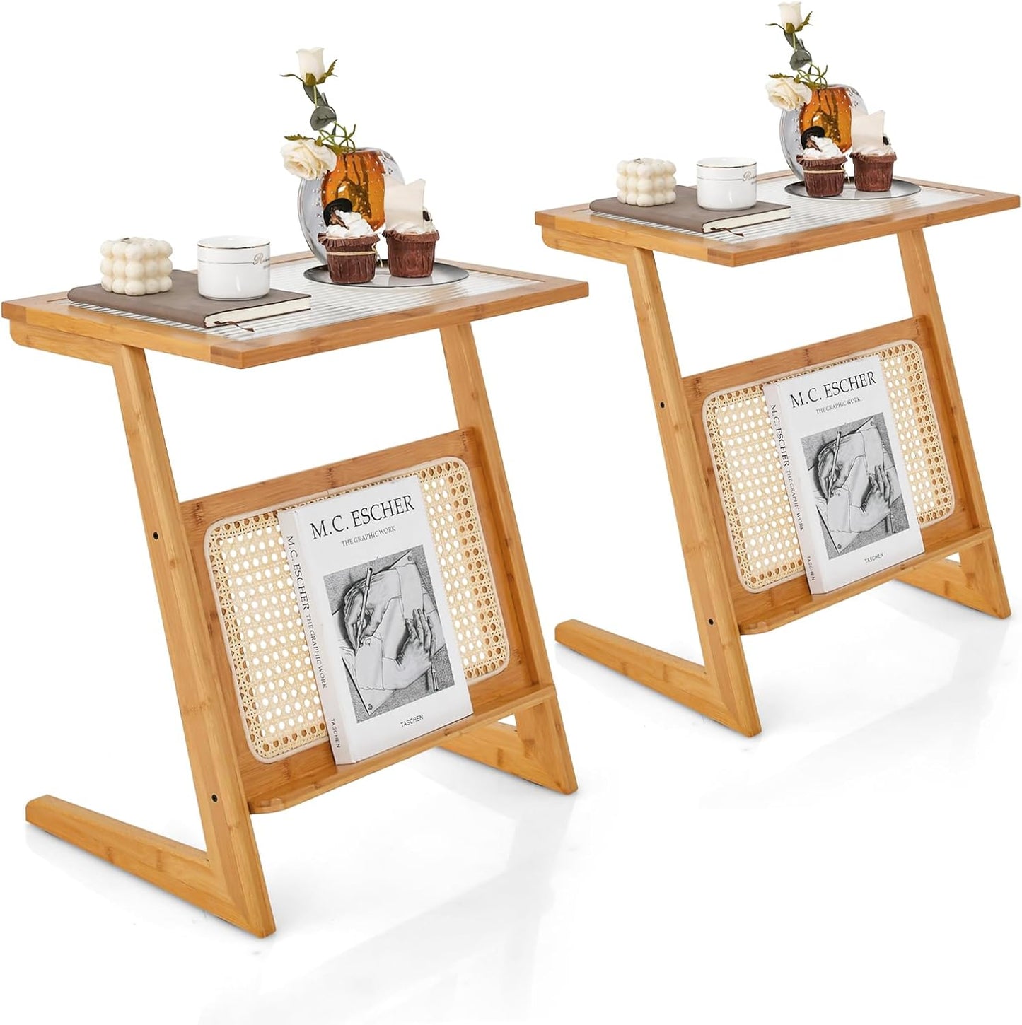 GOFLAME Rattan Side Table Set of 2, Z-Shaped End Table with Magazine Rack, Bamboo Sofa Side Accent Table with Glass Top, Small Boho Nightstand, Bedside Table for Small Space, Living Room, Bedroom