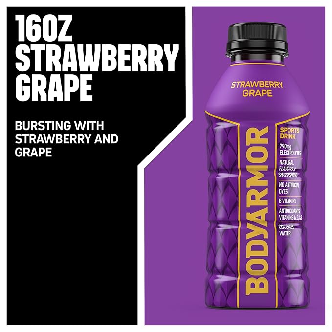 BODYARMOR Sports Drink Sports Beverage, Strawberry Grape, Coconut Water Hydration, Natural Flavors With Vitamins, Potassium-Packed Electrolytes, Perfect For Athletes, 16 Fl Oz (Pack of 12)