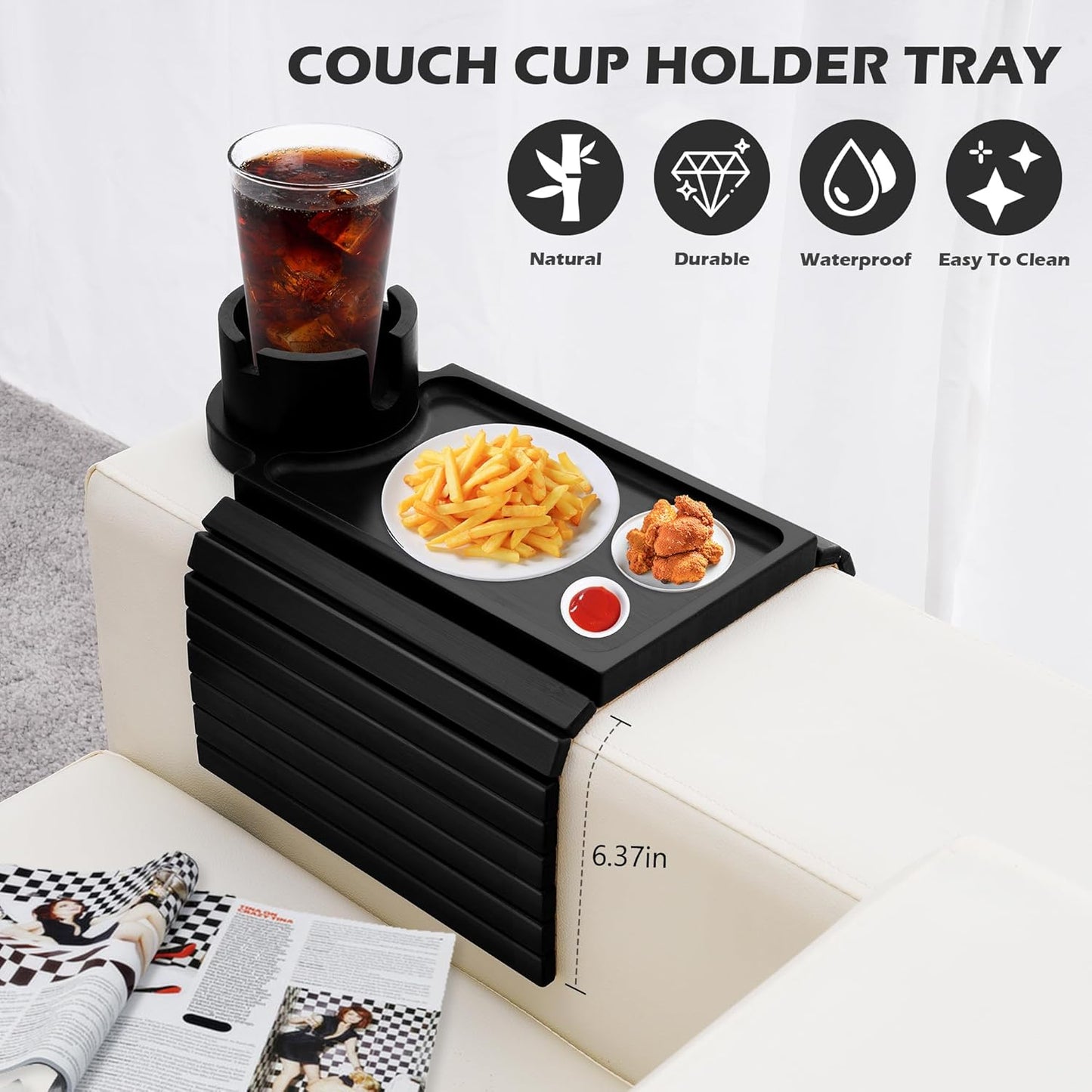 Couch Cup Holder Tray, 3 in 1 Large Couch Arm Trays,Bamboo Chair Clip on Tray with 360° Ratated Phone Holder for Couch,Armrest Tray for Snacks,Remote,Phone