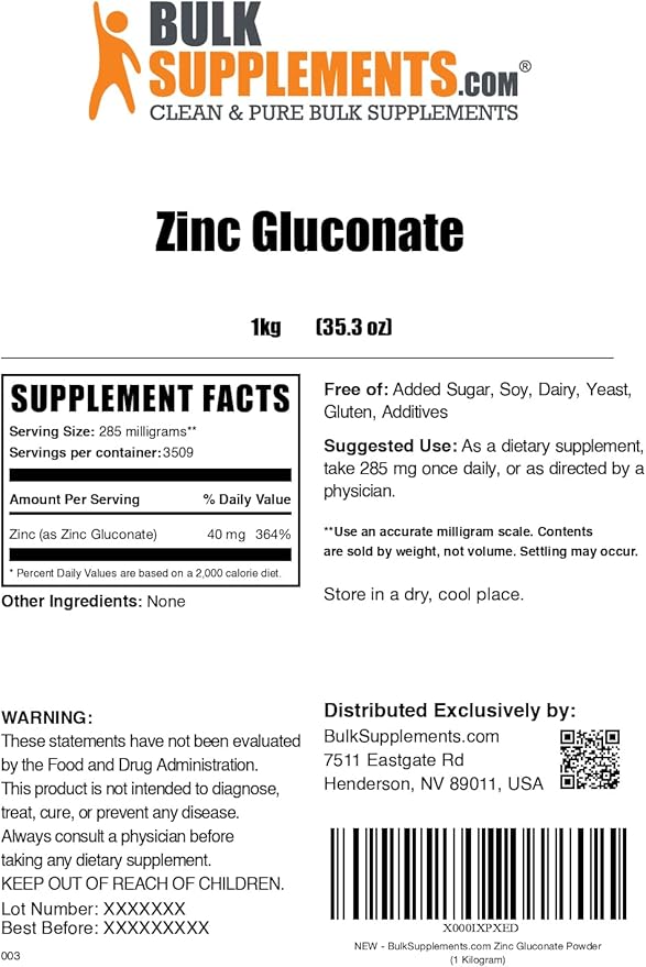 BulkSupplements.com Zinc Gluconate Powder - Zinc 40mg, Mineral Supplement for Immune Support - Gluten Free, 285mg per Serving, 1kg (2.2 lbs) (Pack of 1)
