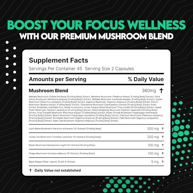 UTOYA Natural Mushroom Blend Supplements - Lions Mane Supplement Capsules with Reishi, Cordyceps, More for Calm, Focus and Wellness - Non-GMO Vegan/Gluten Free Multi Mushroom Supplement - 90 Capsules