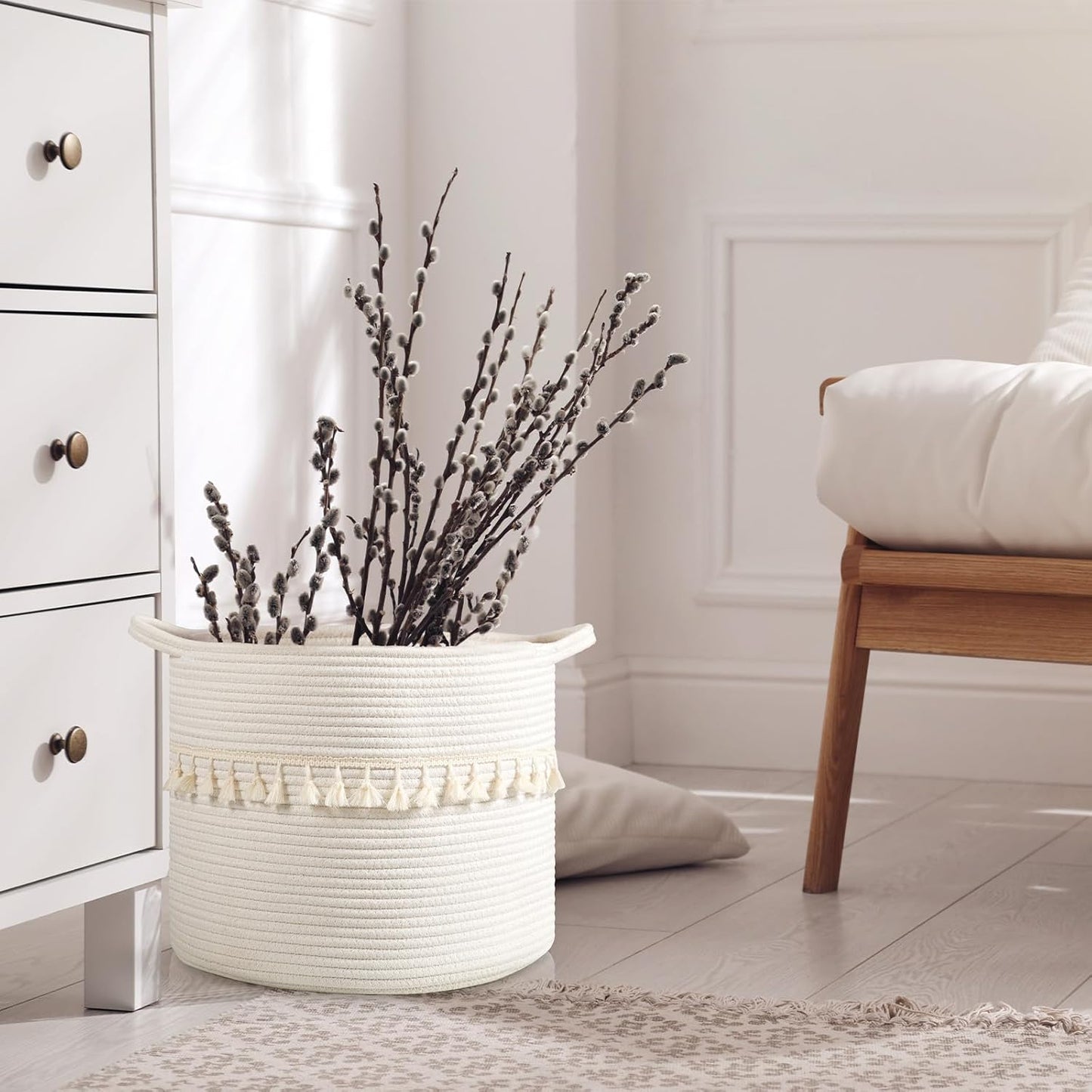 danpinera Baskets for Organizing, 3 Pack White Storage Baskets for Shelves with Tassel, 13 Inch Round Woven Baskets for Storage in any Room
