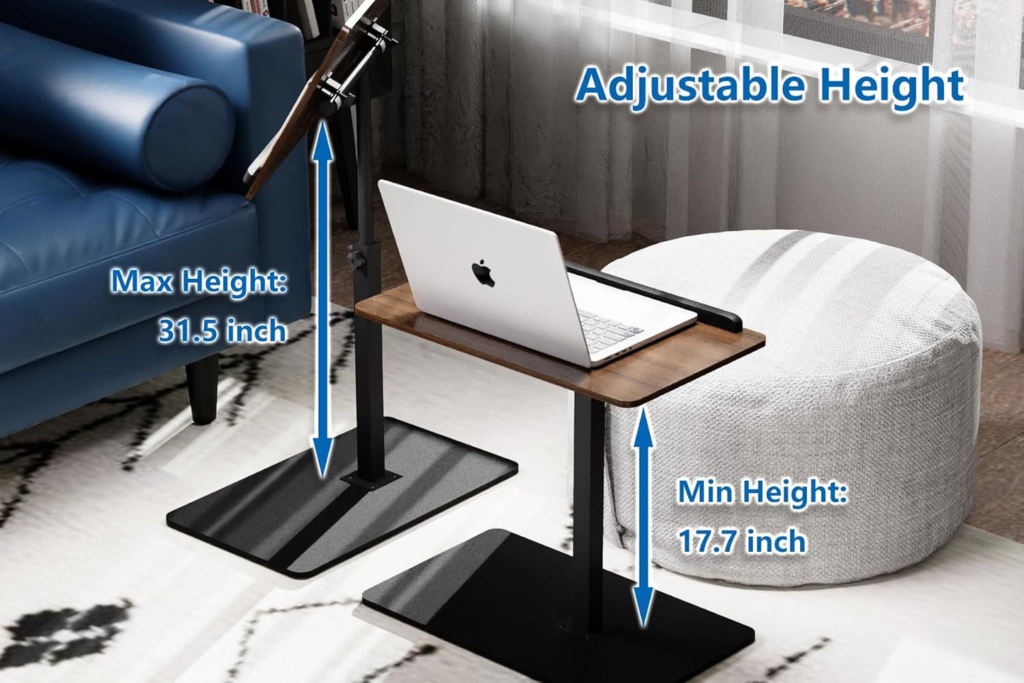 C Shaped End Table,20" W x 14" L,17"-31" Adjustable Height,Swivel and Turnable Desktop,Foldable Side Table for Small Spaces,Black Walnut (Black Walnut, 19.7" x 13.8")