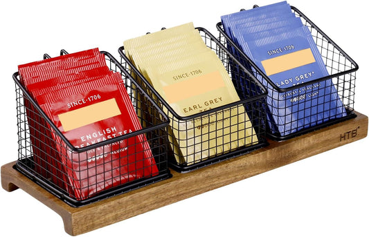 HTB Tea Organizer for Tea Bags, Tea Bag Holder with Acacia Wood Stand and 3 Removable Metal Basket for Sugar Packets, Sweeteners, Creamers for Cabinet, Countertop