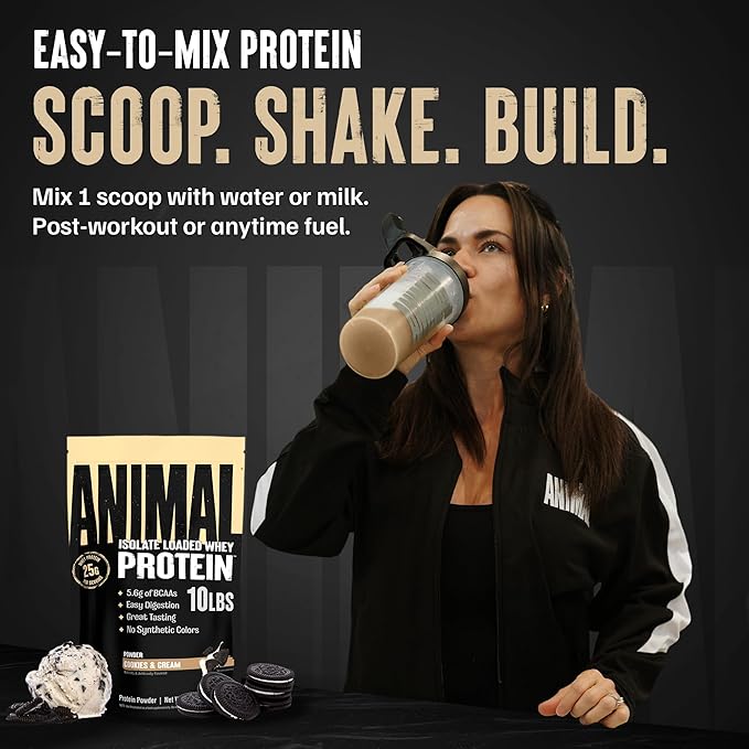 Animal Whey Isolate Protein Powder - Loaded for Pre & Post Workout Muscle Builder and Recovery with Digestive Enzymes for Men & Women - 25g Protein, Great Taste, Low Sugar - Cookies & Cream 10 lbs