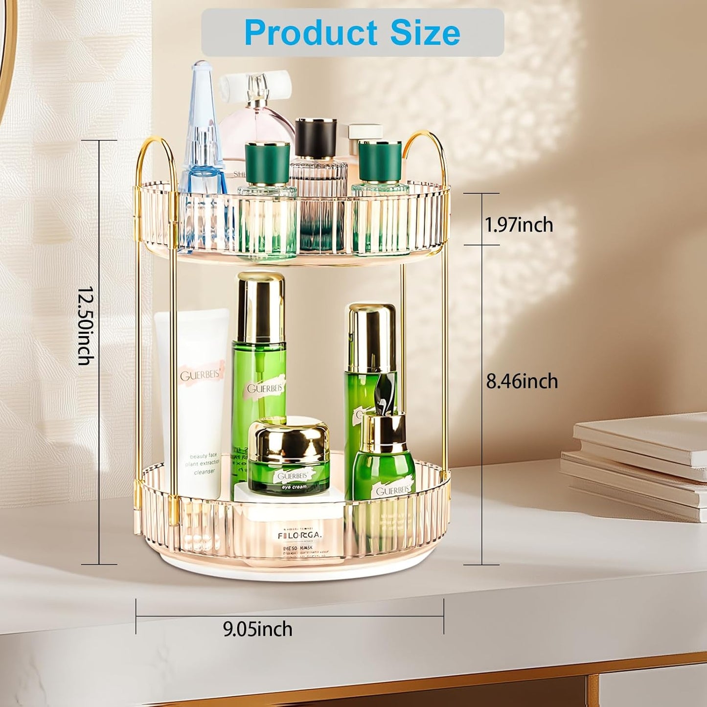 360 Rotating Makeup Organizer - Large Capacity Spinning Perfume & Cosmetic Skincare Holder for Vanity & Countertop (Vibrant Orange, 2 Tier)