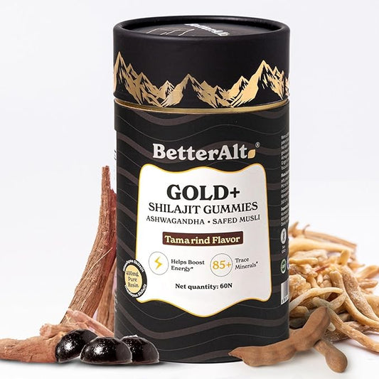 Gold+ Shilajit Gummies | with Ashwagandha, Safed Musli,Shilajit Resin & Ginger |Helps Boost Energy & Improves Stamina |1-Month Dietary Supplement|60 Gummies