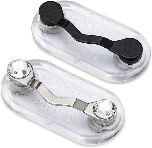 Readerest Magnetic Glasses Holders (2 Pack), Secure Clip for Reading Eyeglasses, Sunglasses & Work Badges, Glasses Holders for Men & Women, USA Made (Black & Stainless Steel + Crystals)