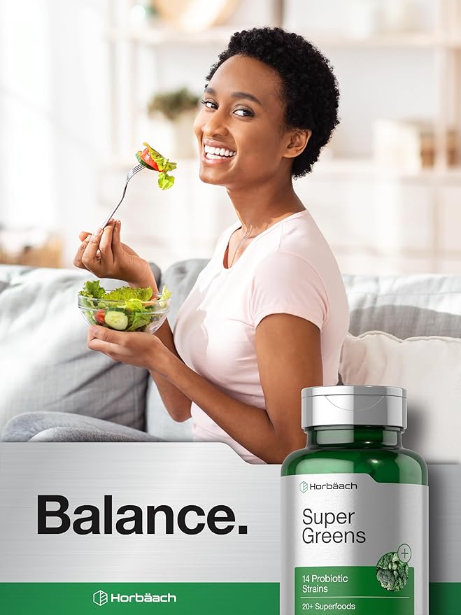 Horbäach Super Greens Supplement with Probiotics | 150 Caplets | Non-GMO, and Gluten Free