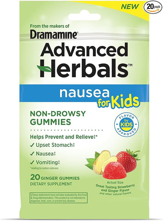 Advanced Herbals Kids Gummies, from The Makers of Dramamine, Nausea Relief and Motion Sickness Relief for Kids, Strawberry and Ginger Flavor, 20 Ct