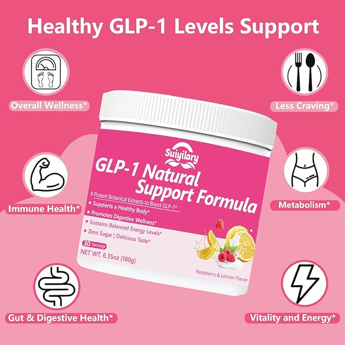 GLP-1 Booster Supplement Powder, Yerba Mate, Natural 9 Plant Extracts, Activate GLP-1 Production, Digestive Gut Healthy for Women Men, Sugar-Free (30 Servings, Raspberry Lemon)