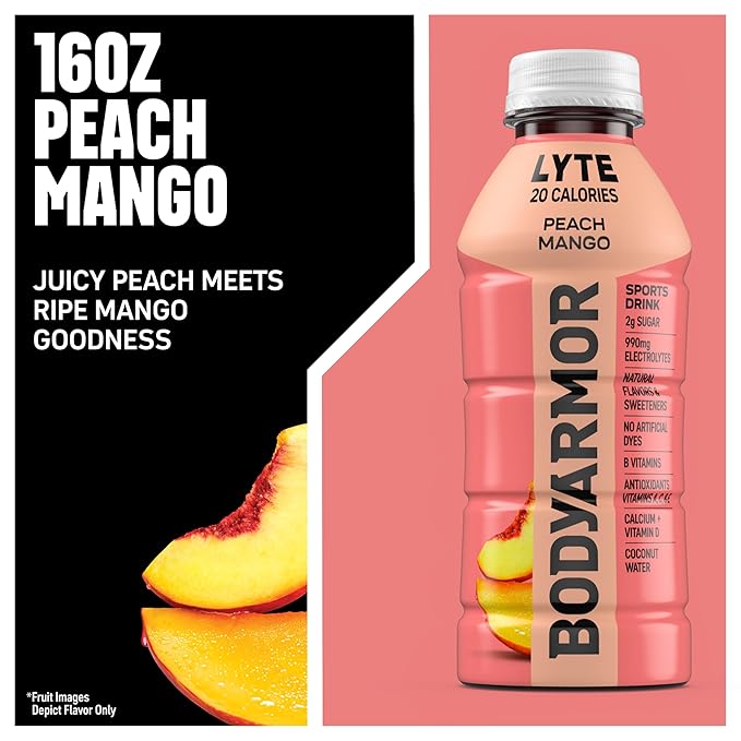 BODYARMOR LYTE Sports Drink Low-Calorie Sports Beverage, Peach Mango, Coconut Water Hydration, Natural Flavors With Vitamins, Potassium-Packed Electrolytes, Perfect For Athletes, 16 Fl Oz (Pack of 12)