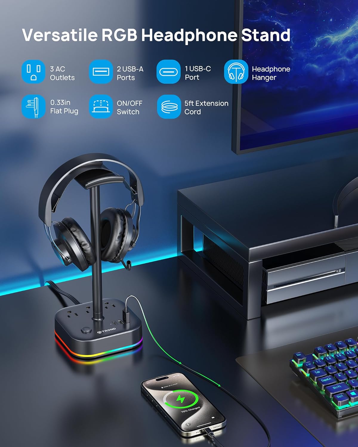 TROND Headphone Stand with USB C, Desk Gaming Headset Holder with 3 AC Outlets, 2 USB-A and 1 USB-C, Headset Stand with 5 RGB Light Modes, for Gaming Desk Accessories Gamer Boyfriend Gifts