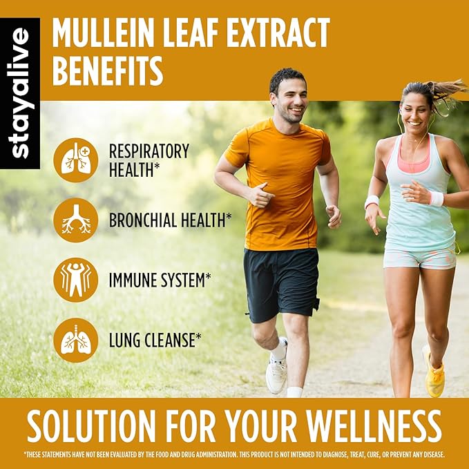 STAY ALIVE Mullein Leaf Extract 1000mg, 10:1 Extra Strength, 120 Vegan Mullein Capsules, All Natural, 100% Pure Leaves Powder, 2 Month Supply, Non-GMO and Gluten-Free Supplement