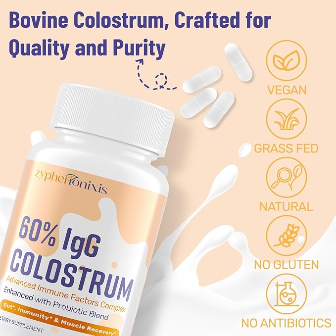 Bovine Colostrum Supplement Capsules 1300mg – Ultra-High 60% IgG + Lactoferrin & Probiotics – Gut, Joint & Immune Wellness – Swiss Grass-Fed Colostrum – 120 Capsules