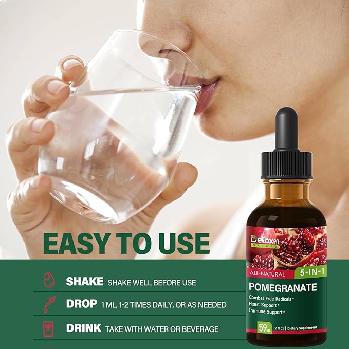 Pomegranate Extract Supplement Drops for Heart and Immune Support, 5-in-1 Fast Absorbing Herbal Supplements with Red Sage Coenzyme Q10 Green Tea. 2 oz