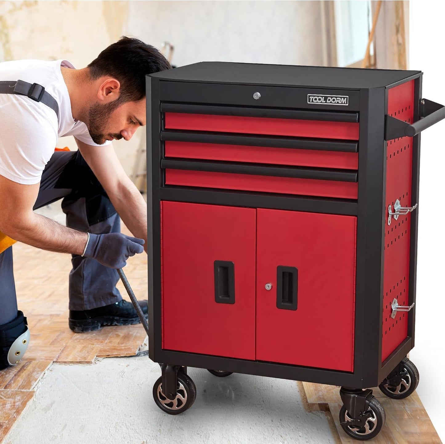 Rolling Tool Chest with Locking Wheels - Tool Box with 3 Drawers & 1 Big Tool Cabinet with 2 Door, 18.5" D x 28" W x 40" H Mobile Tool Storage Cabinet, Heavy-Duty Garage Organizer w/Ergonomic Handle