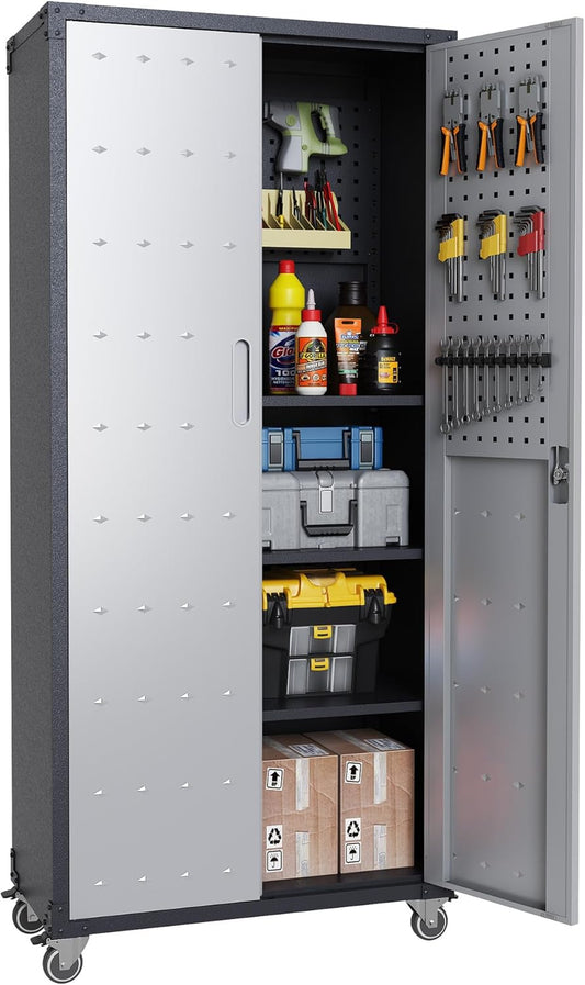 Garage Metal Storage Cabinet,71" Rolling Tool Cabinet with Pegboard and 3 Adjustable Shelves,Heavy-Duty Shelving Unit with Lockable Doors for Garage,Workshop,Home & Office Organization